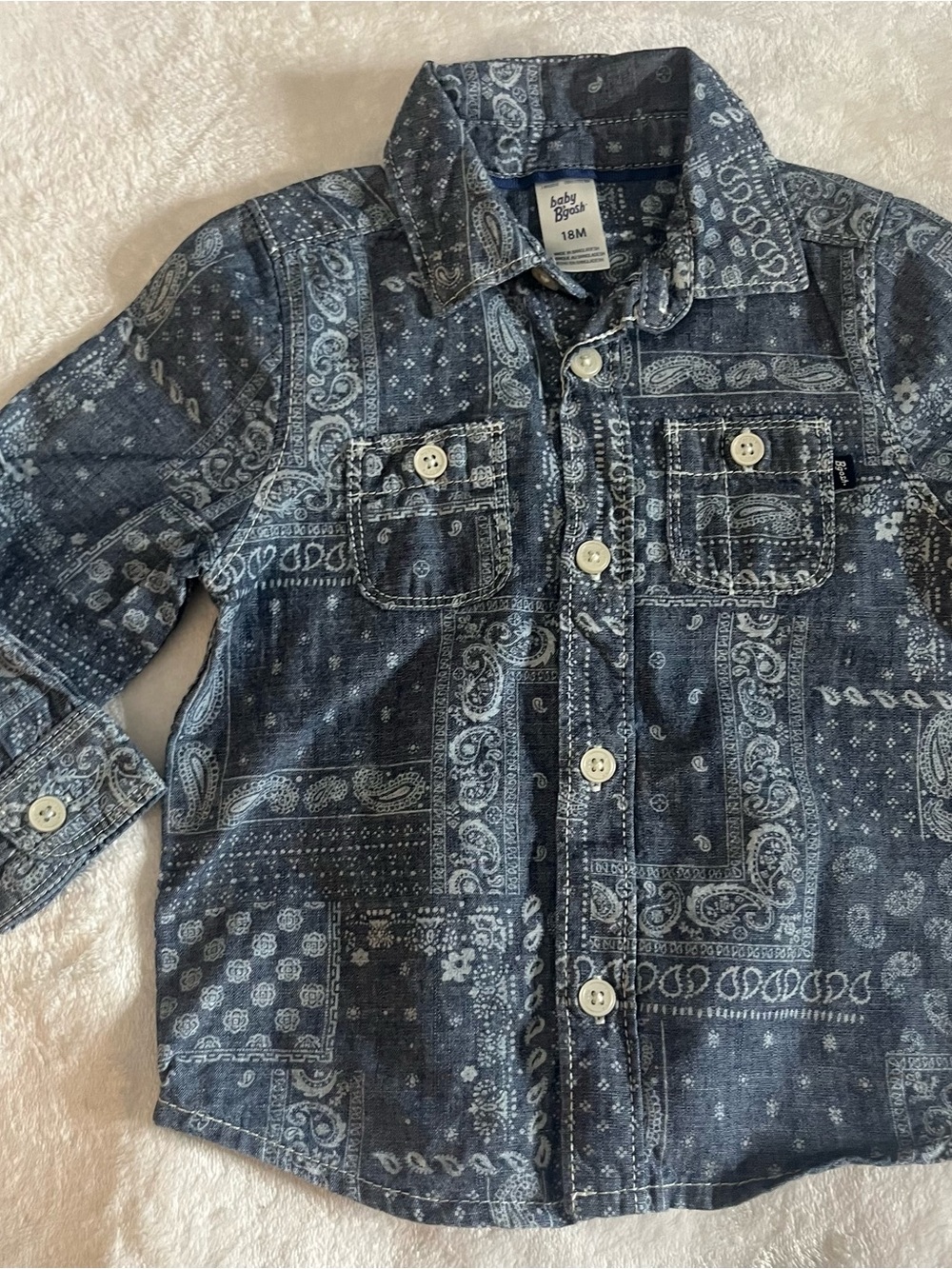 Baby B’gosh Blue Bandana Print Button Up Roll Tab Sleeve Cotton Shirt Sz 18M